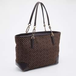 Pre Owned Coach Brown Signature Canvas and Leather Needlepoint Shopper Tote
