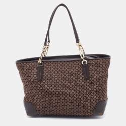 Pre Owned Coach Brown Signature Canvas and Leather Needlepoint Shopper Tote