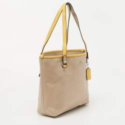 Pre Owned Coach Beige/Mustard Leather Top Zip Tote