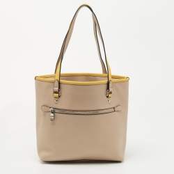 Pre Owned Coach Beige/Mustard Leather Top Zip Tote