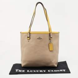 Pre Owned Coach Beige/Mustard Leather Top Zip Tote
