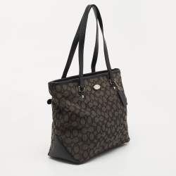 Pre Owned Coach Black Signature Canvas an Leather Top Zip Tote