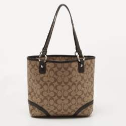 Pre Owned Coach Beige/Brown Signature Coated Canvas and Leather Heritage Peyton Tote