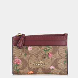 Pre Owned Coach Brown/Burgundy Signature Floral Print Coated Canvas and Leather Zip Skinny ID Case