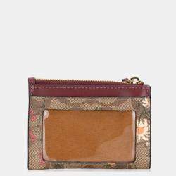Pre Owned Coach Brown/Burgundy Signature Floral Print Coated Canvas and Leather Zip Skinny ID Case