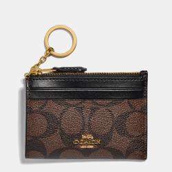 Pre Owned Coach Brown/Black Signature Coated Canvas and Leather Zip Skinny ID Case