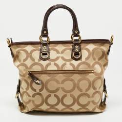 Pre Owned Coach Beige/Brown Op Art Canvas and Patent Leather Julianne Hobo  
