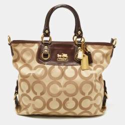 Pre Owned Coach Beige/Brown Op Art Canvas and Patent Leather Julianne Hobo  