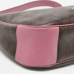 Pre Owned Coach Pink/Brown Signature Coated Canvas and Leather Zip Hobo