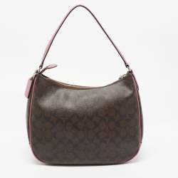 Pre Owned Coach Pink/Brown Signature Coated Canvas and Leather Zip Hobo