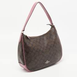 Pre Owned Coach Pink/Brown Signature Coated Canvas and Leather Zip Hobo