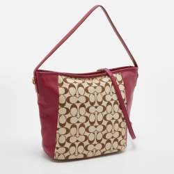 Coach Beige/Maroon Leather and Signature Canvas Shoulder Bag