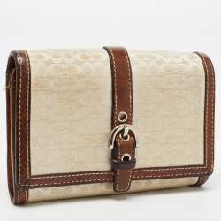 Coach Brown Signature Canvas and Leather Buckle Flap Wallet