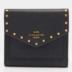 Pre Owned Coach Black Studded Leather Colorblock Trifold Wallet 