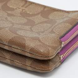 Coach Beige Signature Coated Canvas and Leather Double Zip Wristlet Pouch