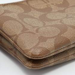 Coach Beige Signature Coated Canvas and Leather Double Zip Wristlet Pouch