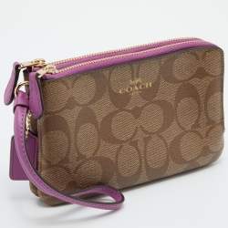 Coach Beige Signature Coated Canvas and Leather Double Zip Wristlet Pouch