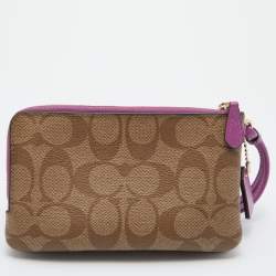 Coach Beige Signature Coated Canvas and Leather Double Zip Wristlet Pouch