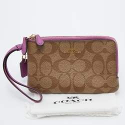 Coach Beige Signature Coated Canvas and Leather Double Zip Wristlet Pouch