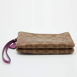 Coach Beige Signature Coated Canvas and Leather Double Zip Wristlet Pouch