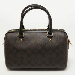 Pre Owned Coach Black/Beige Signature Coated Canvas and Leather Rowan Boston Bag