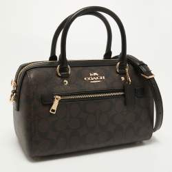 Pre Owned Coach Black/Beige Signature Coated Canvas and Leather Rowan Boston Bag