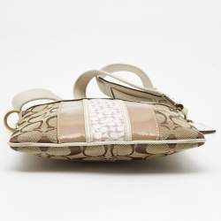 Pre Owned Coach Beige/White Signature Canvas Striped Crossbody Bag