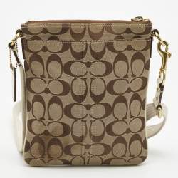 Pre Owned Coach Beige/White Signature Canvas Striped Crossbody Bag