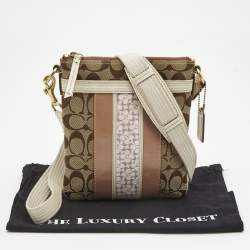 Pre Owned Coach Beige/White Signature Canvas Striped Crossbody Bag