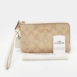Pre Owned Coach Beige Signature Coated Canvas and Leather Double Zip Wristlet Pouch