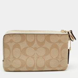 Pre Owned Coach Beige Signature Coated Canvas and Leather Double Zip Wristlet Pouch