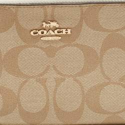Pre Owned Coach Beige Signature Coated Canvas and Leather Double Zip Wristlet Pouch