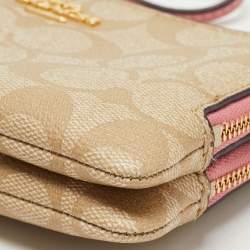 Coach Beige/Pink Signature Coated Canvas and Leather Double Zip Wristlet Pouch