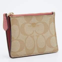 Coach Beige/Pink Signature Coated Canvas and Leather Zip Card Holder