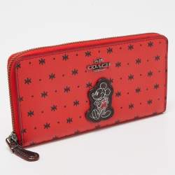 Pre Owned Coach Red/Black Prairie Bandana Print Leather Mickey Mouse Accordion Wallet 