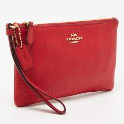 Pre Owned Coach Red Leather Zip Wristlet Clutch