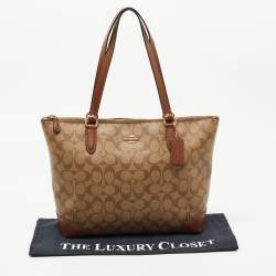 مملوكة مسبقًا Coach Brown Signature Coated Canvas and Leather Top Zip Tote