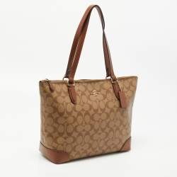 مملو كة مسبقًا Coach Brown Signature Coated Canvas and Leather Top Zip Tote