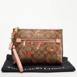Coach Beige Signature Coated Canvas and Leather Rowan Wristlet Pouch