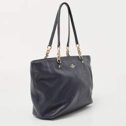 Pre Owned Coach Navy Blue Leather Sophia Chain Tote