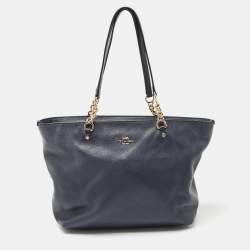 Pre Owned Coach Navy Blue Leather Sophia Chain Tote