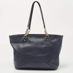 Pre Owned Coach Navy Blue Leather Sophia Chain Tote