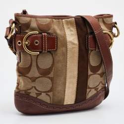 Pre Owned Coach Brown/Beige Signature Canvas, Suede and Leather Crossbody Bag