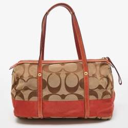 Pre Owned Coach Beige/Orange Signature Canvas and Leather Satchel