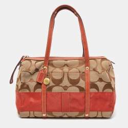 Pre Owned Coach Beige/Orange Signature Canvas and Leather Satchel