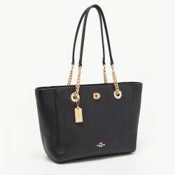Pre Owned Coach Black Leather Turnlock Chain Tote