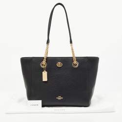 Pre Owned Coach Black Leather Turnlock Chain Tote