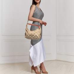 Pre Owned Coach Beige/Orange Op Art Fabric and Lizard Embossed Hailey Hobo