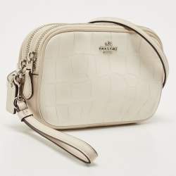Pre Owned Coach White Croc Embossed Leather Double Zip Camera Crossbody Bag