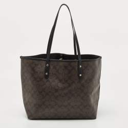 Pre Owned Coach Dark Brown Signature Coated Canvas and Leather City Tote